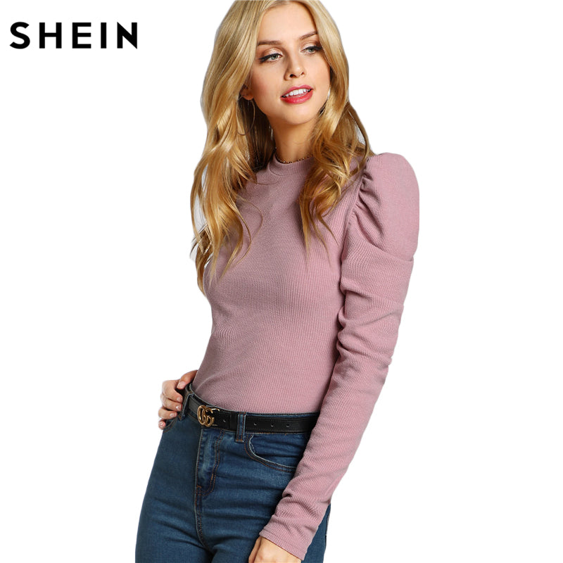 SHEIN Elegant Women T shirt Clothes Women Pink Long Sleeve O Neck Tee Shirts Slim Fit Puff Sleeve Rib Knit T-shirt
