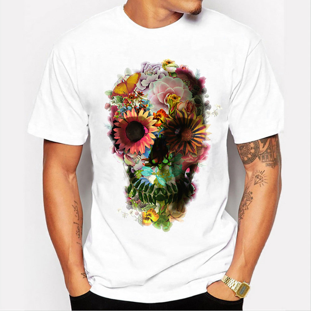 Men Boy Plus Size Punk Skull Floral Print Short Sleeve T Shirt Blouse Tops