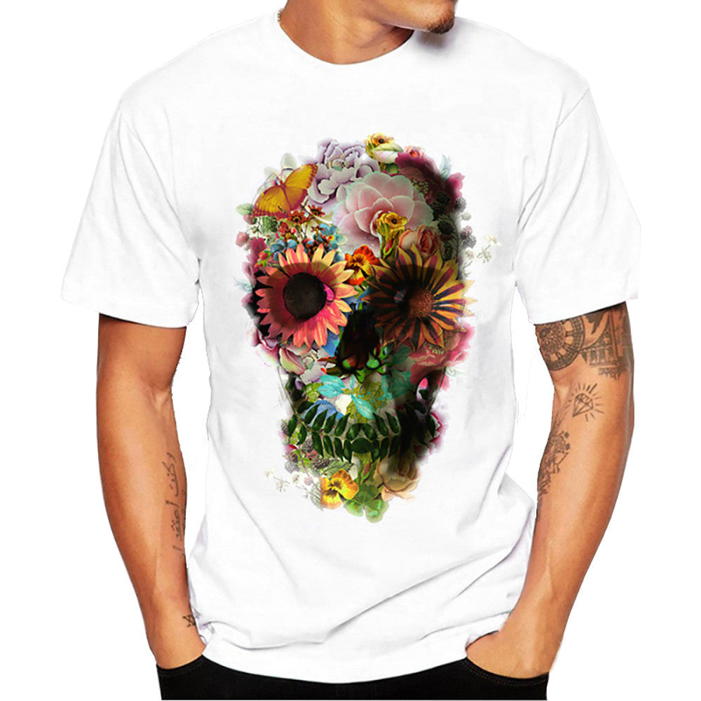 Men Boy Plus Size Punk Skull Floral Print Short Sleeve T Shirt Blouse Tops