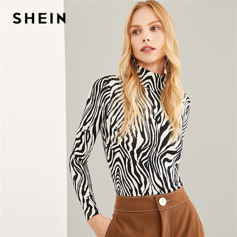SHEIN Black And White Highstreet High Neck Zebra Print Pullovers Long Sleeve Tee 2018 Autumn Workwear Women T-shirt And Tops