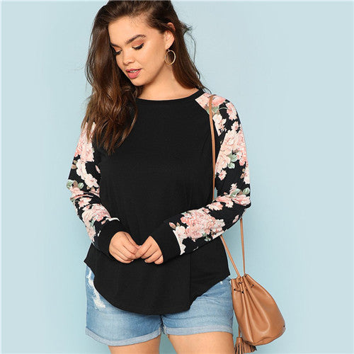 SHEIN Floral Print Raglan Sleeve Casual Plus Size Black Womens Top Tees 2018 Autumn New Round Neck Long Sleeve Workwear T Shirt