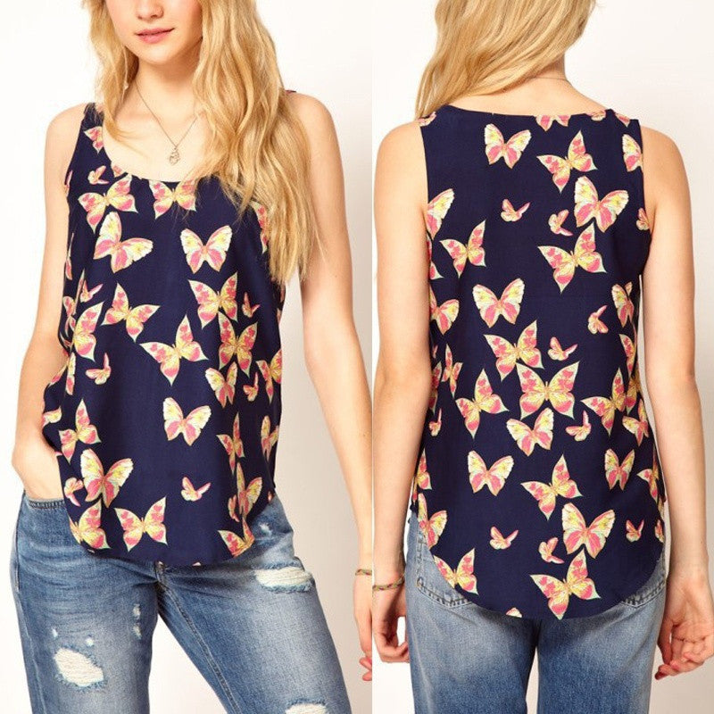Fashion Women Butterfly Print Sleeveless Casual Chiffon Blouse T Shirt Tank Top