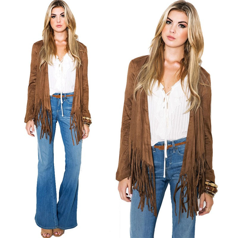 Women's Tassel Long Sleeve Jacket Cardigan Vintage Short Tops Outwear