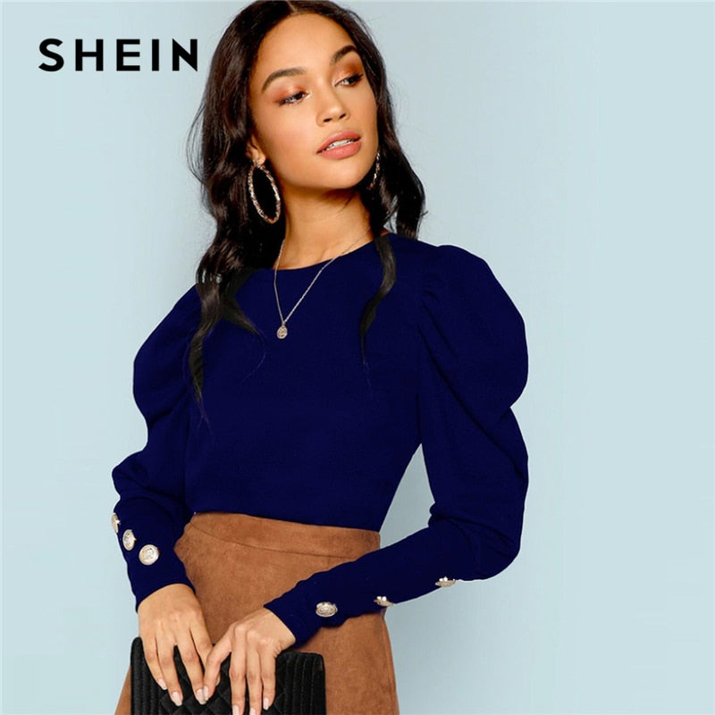 SHEIN Blue Puff Sleeve with Button Detail Tee Elegant Long Sleeve Round Neck Plain T-shirt Women Autumn Modern Lady Tops