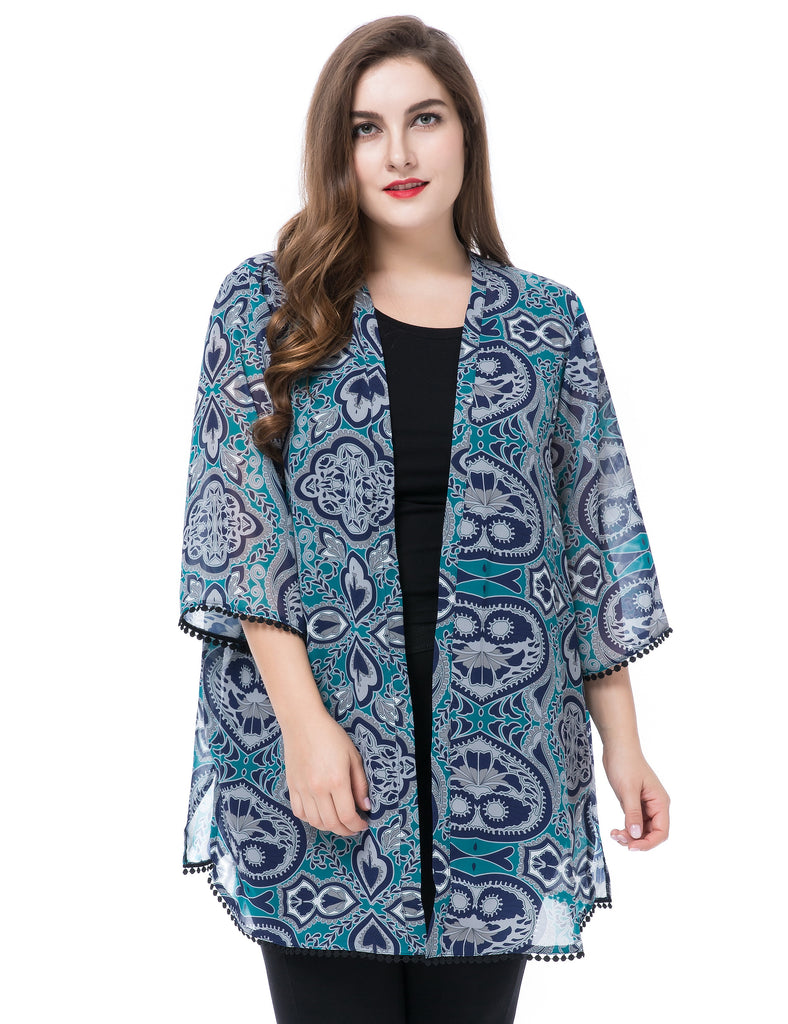 Chicwe Women's Plus Size Floral Printed Chiffon Cardigan Jacket Kimono Kaftan Style with Trim Cuff & Hem US16-26