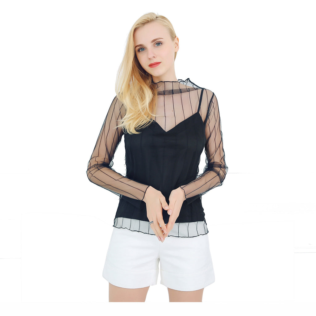 Hot Sexy Hollow Mesh Transparent Blouse Perspective Long-Sleeved Out Lace Blouse (N01)