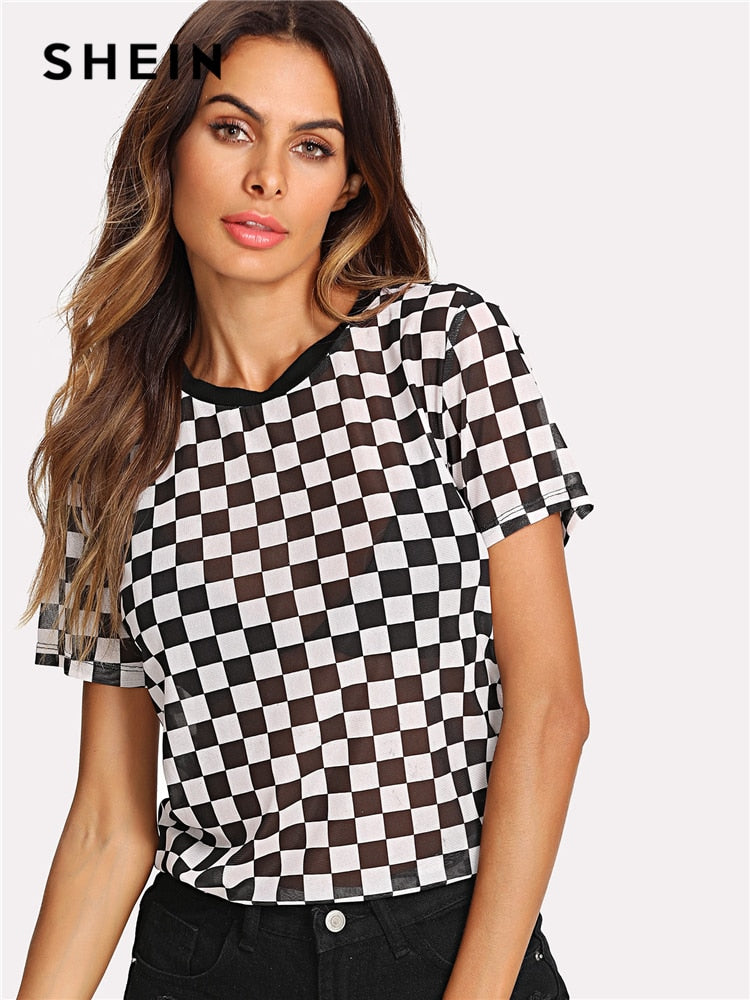 SHEIN Plaid Print Semi Sheer Tee Women Round Neck Short Sleeve Clothing Sexy T-shirt 2018 Summer New Casual Checkered Top Tee