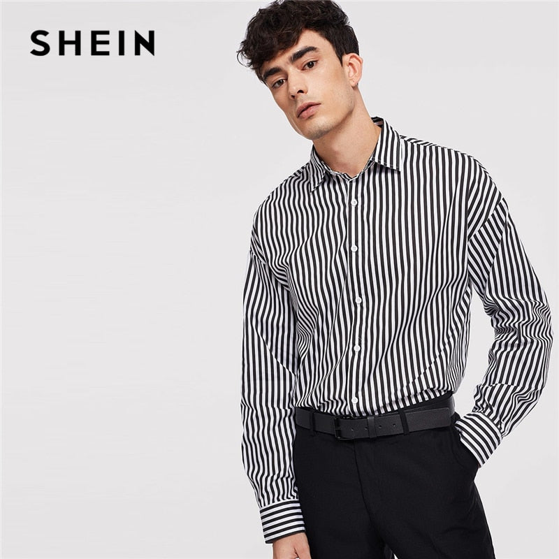 SHEIN Black And White Minimalist Button Front Striped Long Sleeve Shirt Autumn Business And Leisure Mens Shirts And Tops