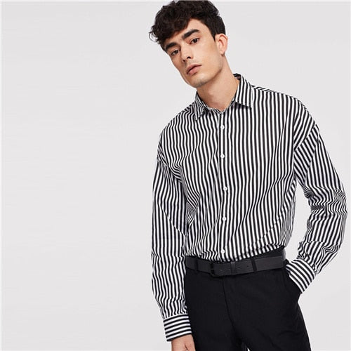 SHEIN Black And White Minimalist Button Front Striped Long Sleeve Shirt Autumn Business And Leisure Mens Shirts And Tops