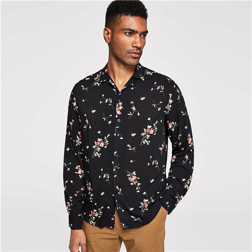 SHEIN Men Black Botanical Floral Print Buttoned Shirt Casual Cotton Long Sleeve Tops Clothing Autumn Highstreet Blouse