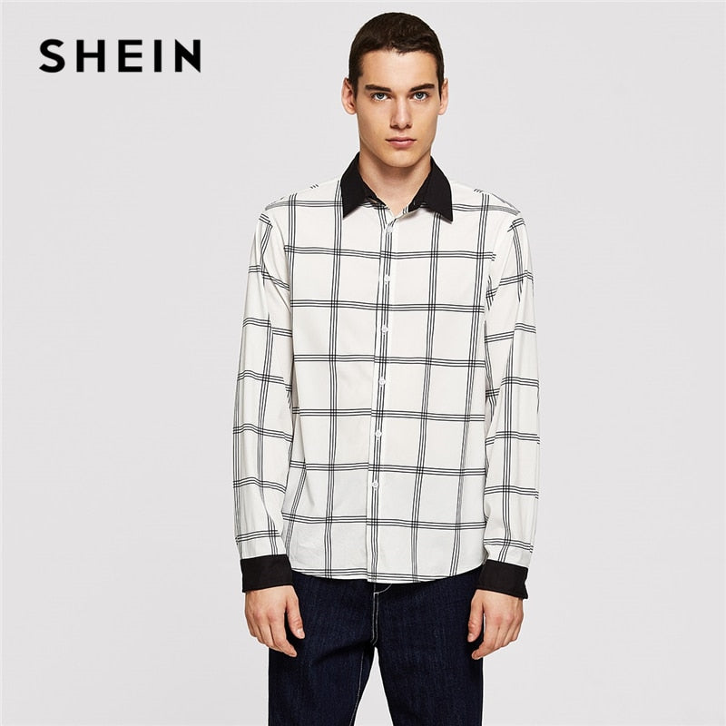 SHEIN Men Black and White Button & Pocket Front Plaid Button Long Sleeve Pocket Placket Shirt Autumn Minimalist Mens Shirts