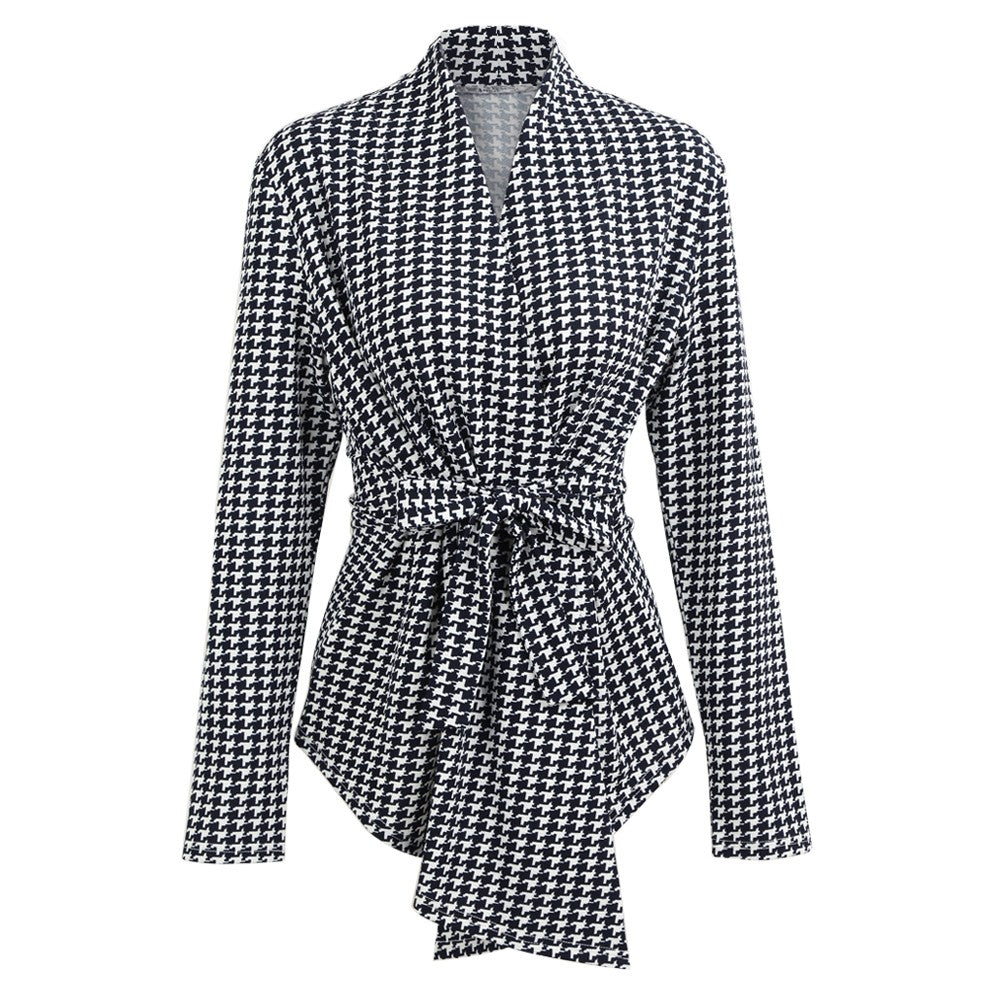 Women Houndstooth Plaid Cardigan Coat Long Sleeves Open Front Waist Strap Asymmetrical Casual Tops Outwear