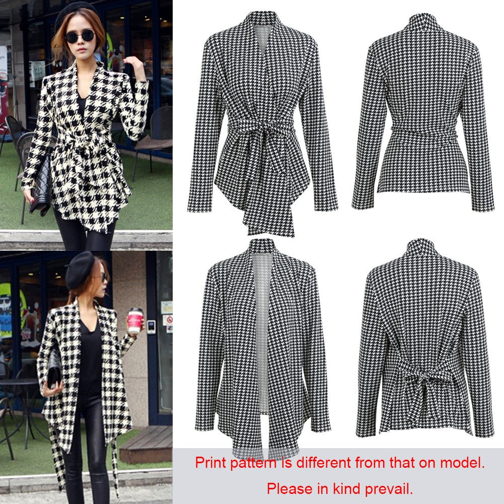 Women Houndstooth Plaid Cardigan Coat Long Sleeves Open Front Waist Strap Asymmetrical Casual Tops Outwear